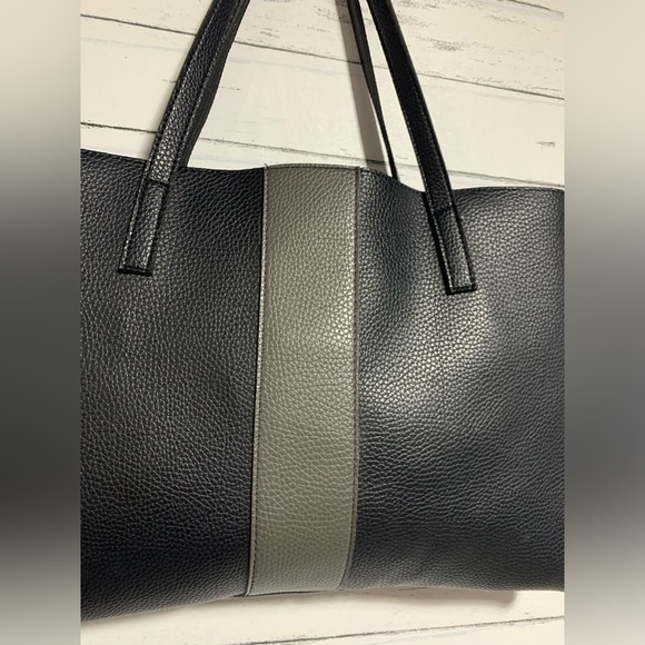 Vince Camuto Black Pebbled Leather Tote Bag with Gray Stripe, 16”x11”x0.5”, 9” - Picture 4 of 11